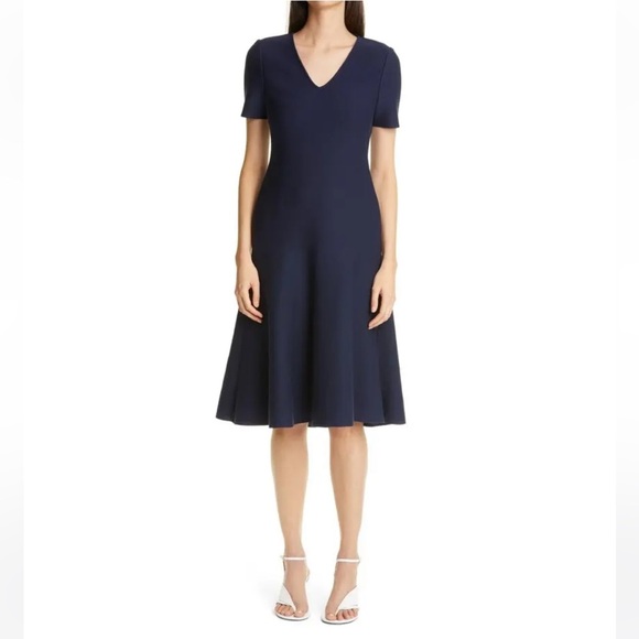 NWT ST. JOHN V Neck Milano Knit Fit & Flare Navy Blue Cotton A-Line Dress